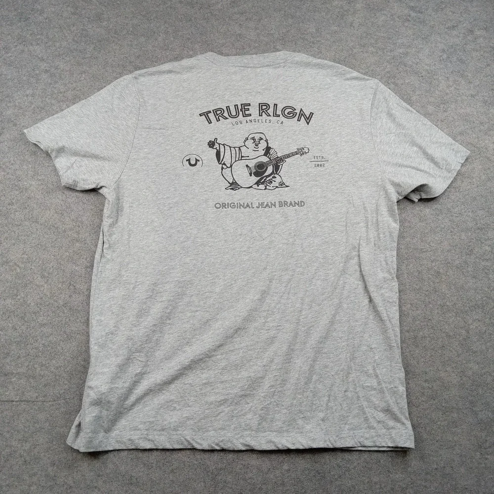 True Religion Shirt Mens Large Gray Buddha Guitar‎ Logo Graphic Tee Tagless